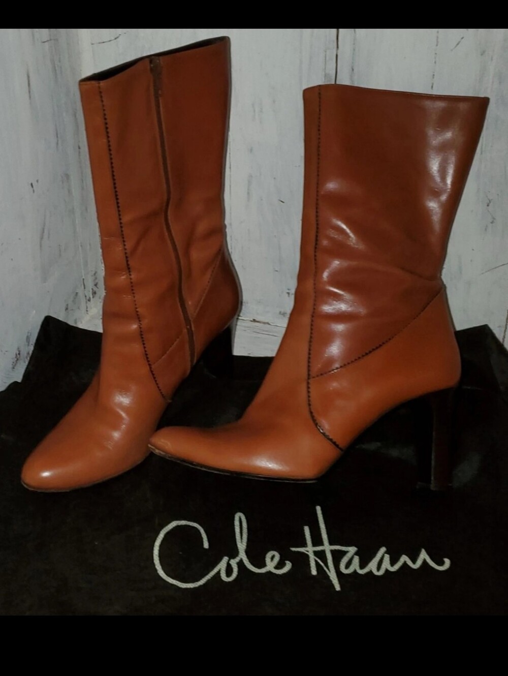 Cole Haan Cognac Leather Mid-Calf Pointed-Toe Boots Size 9